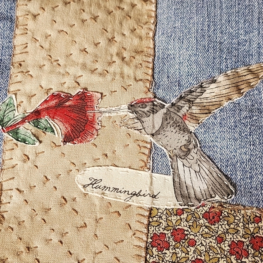 HAND CRAFTED Jeans UPCYCLED Blue Denim Patchwork Bird Floral Applique Size 6 - Picture 16 of 17